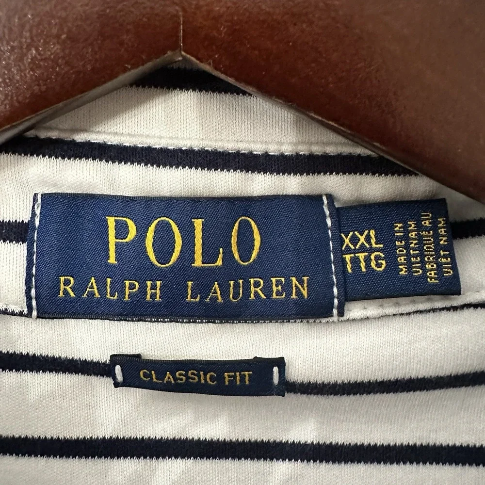 MENS PoloRalph Lauren Classic Fit White/Navy Striped‎ Polo Shirt Size XXL